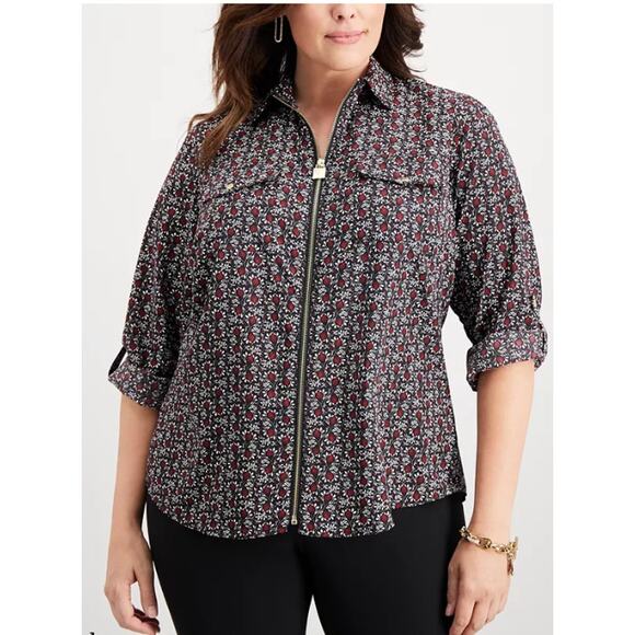 MICHAEL MICHAEL KORS Plus Size Floral Print Full Front Zip Blouse Women Sz P/L - Picture 1 of 7